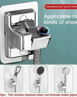 Adjustable ABS shower head holder wall mount with self-adhesive, rotatable bracket for bathroom accessories.