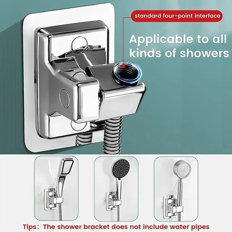 Adjustable ABS shower head holder wall mount with self-adhesive, rotatable bracket for bathroom accessories.