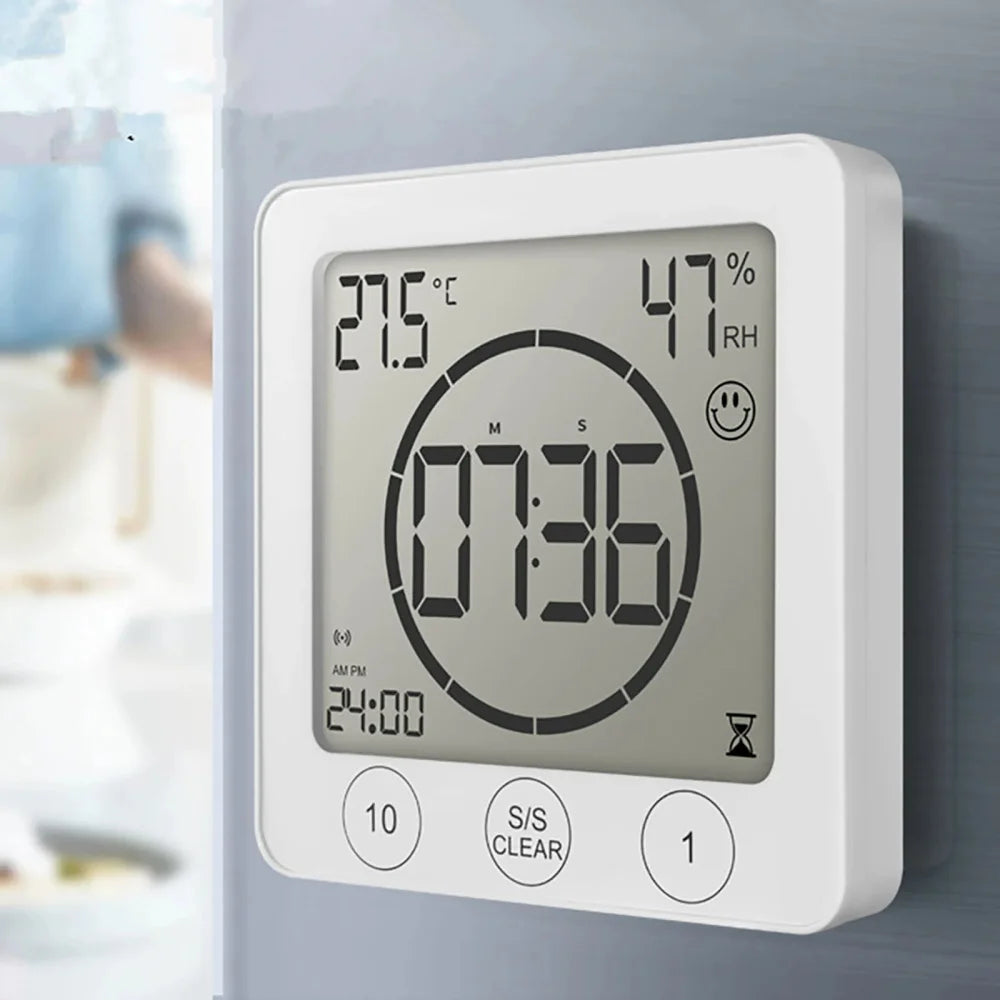 Digital Bathroom Wall Clock Shower Timer Waterproof For Water Spray LCD Screen Watch Temperature Humidity Clock For Shower Room - Problems Solved
