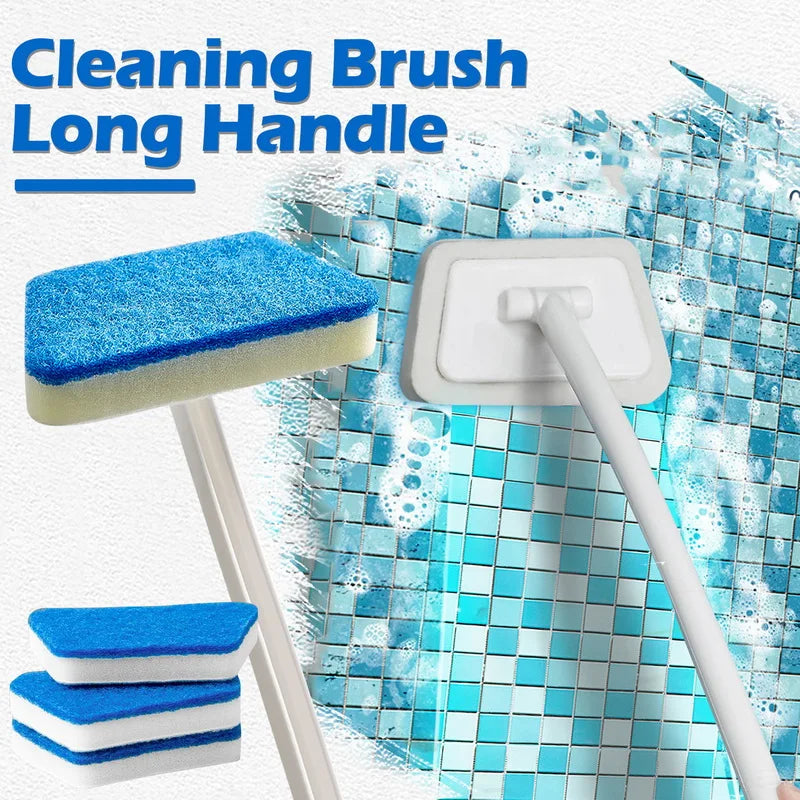 Problems Solved bathroom sponge cleaning brush with long handle, versatile multi-functional scrub tool for bathroom surfaces.