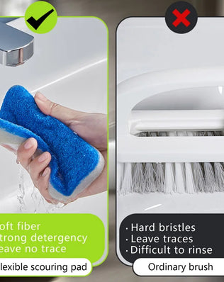 Problems Solved bathroom sponge cleaning brush with long handle, multi-functional tool for easy scrubbing and cleaning surfaces.