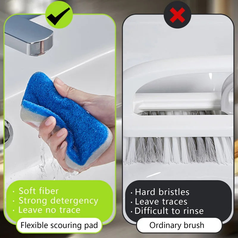 Problems Solved bathroom sponge cleaning brush with long handle, multi-functional tool for easy scrubbing and cleaning surfaces.