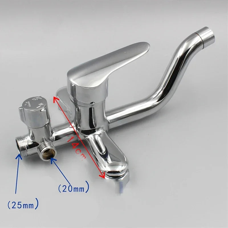 Wall-mounted bathtub faucet with adjustable hot and cold mixing, three modes, in a household bathroom setting by Problems Solved.