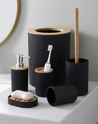 Modern Bathroom Essentials Set/Includes Toothbrush Holder, Waste Bin, Toilet Brush, Cup, Soap Dish and Soap Dispenser - Problems Solved