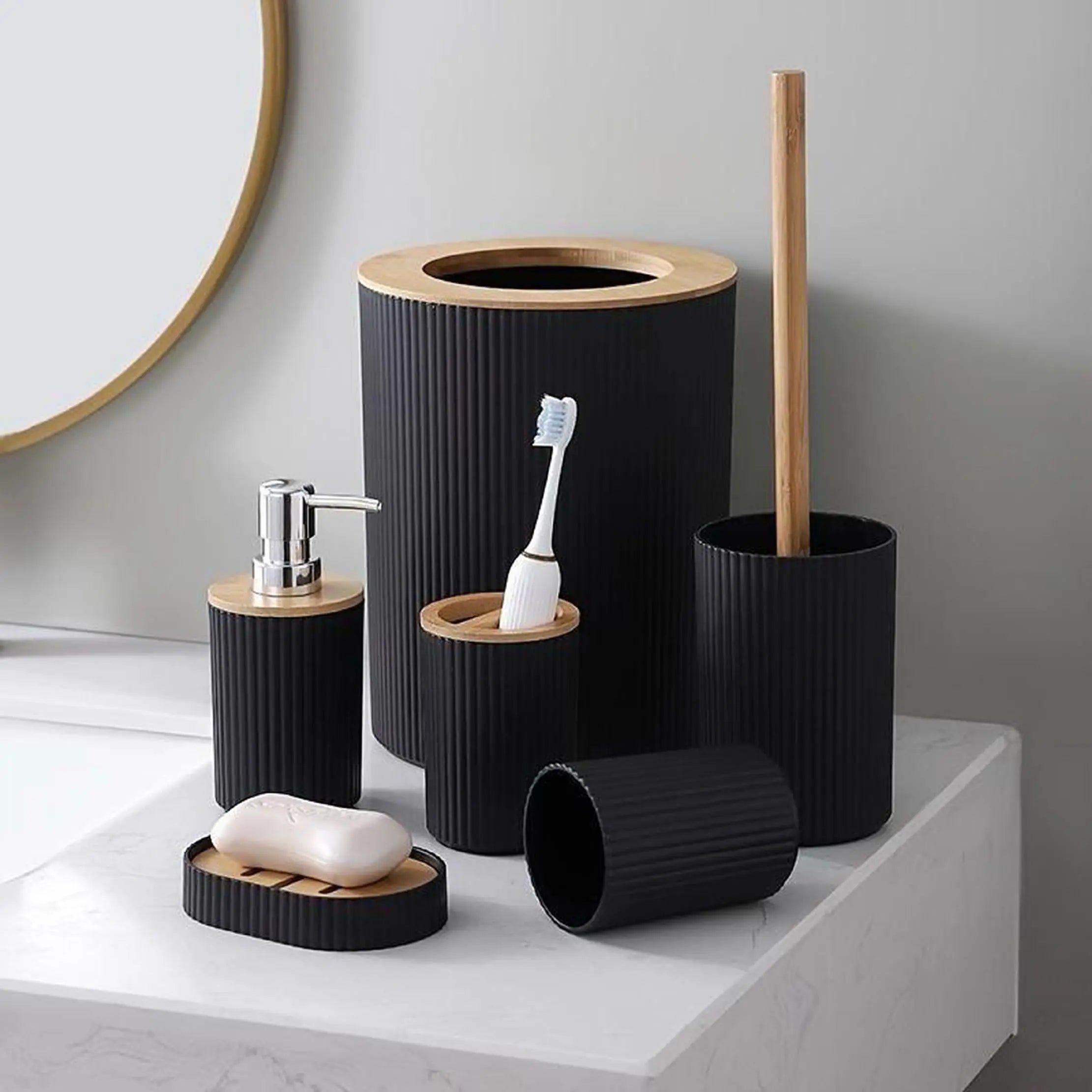 Modern Bathroom Essentials Set/Includes Toothbrush Holder, Waste Bin, Toilet Brush, Cup, Soap Dish and Soap Dispenser - Problems Solved