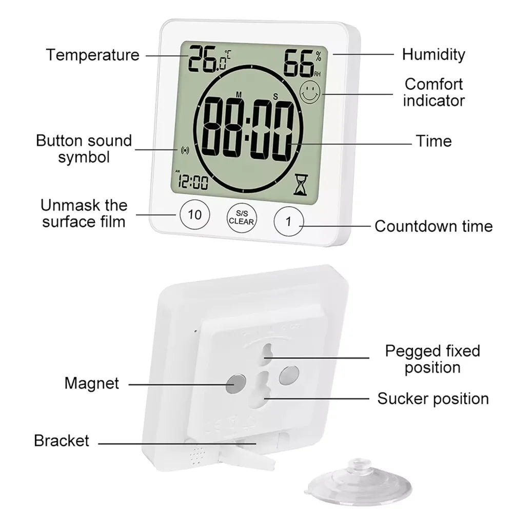 Digital Bathroom Wall Clock Shower Timer Waterproof For Water Spray LCD Screen Watch Temperature Humidity Clock For Shower Room - Problems Solved