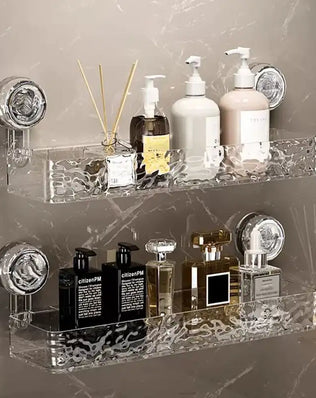 Bathroom storage rack with large suction cups, wall-mounted shower gel basket, and hanging cosmetics organizer by Problems Solved