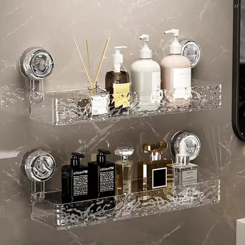 Bathroom storage rack with large suction cups, wall-mounted shower gel basket, and hanging cosmetics organizer by Problems Solved