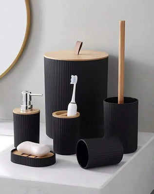 Modern Bathroom Essentials Set/Includes Toothbrush Holder, Waste Bin, Toilet Brush, Cup, Soap Dish and Soap Dispenser - Problems Solved