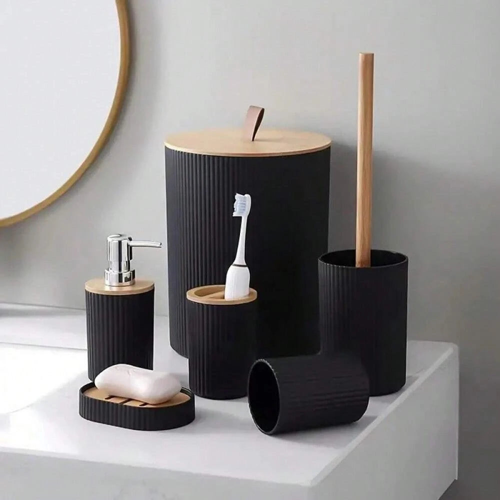 Modern Bathroom Essentials Set/Includes Toothbrush Holder, Waste Bin, Toilet Brush, Cup, Soap Dish and Soap Dispenser - Problems Solved