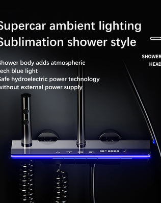 Problems Solved smart bathroom shower system set with rainfall shower, digital temperature display, mixer, and atmosphere lamp.