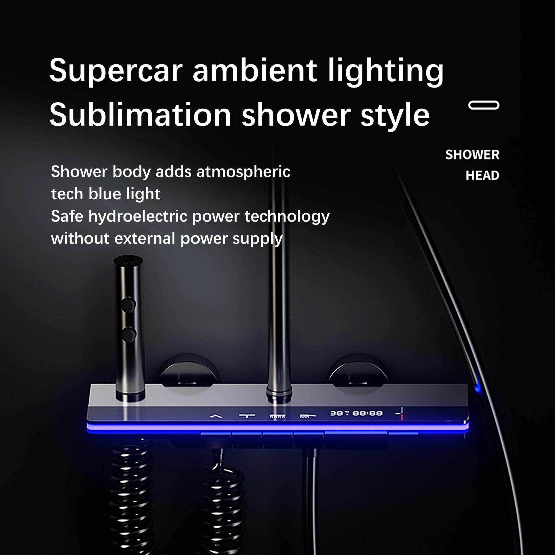 Problems Solved smart bathroom shower system set with rainfall shower, digital temperature display, mixer, and atmosphere lamp.