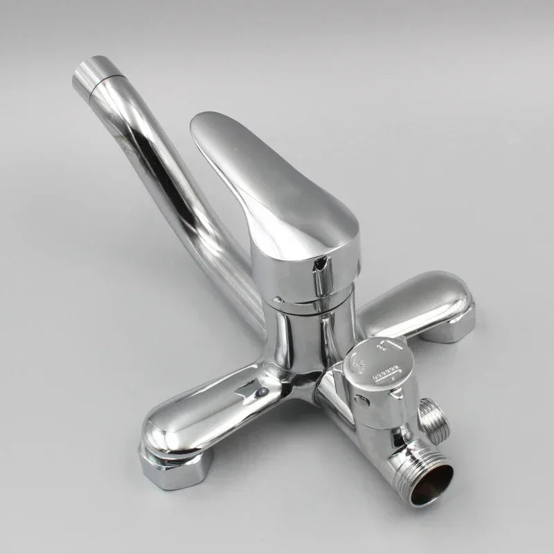 Wall-mounted bathroom mixer tap with hot and cold water controls, three modes, and adjustable shower accessories by Problems Solved.