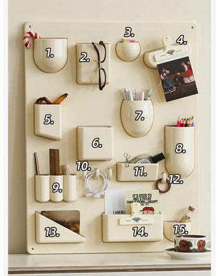 Problems Solved wall organizer shelf for offices, kitchens, bathrooms, and children’s rooms, with storage rack for desktop and wall mounting.