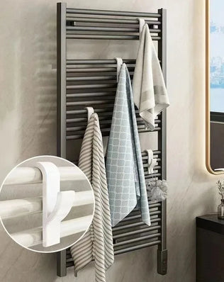 Problems Solved bathroom towel holder and heated radiator rail, wall-mounted shower towel hanger with sleek metallic finish.