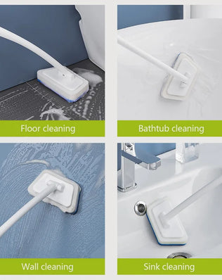 Problems Solved bathroom sponge cleaning brush with long handle, multi-functional tool for scrubbing sinks, tubs, and tiles.