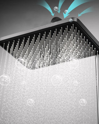 Problems Solved smart bathroom shower system with digital display, rainfall bathtub faucet, mixer, and atmospheric lamp in sleek design.