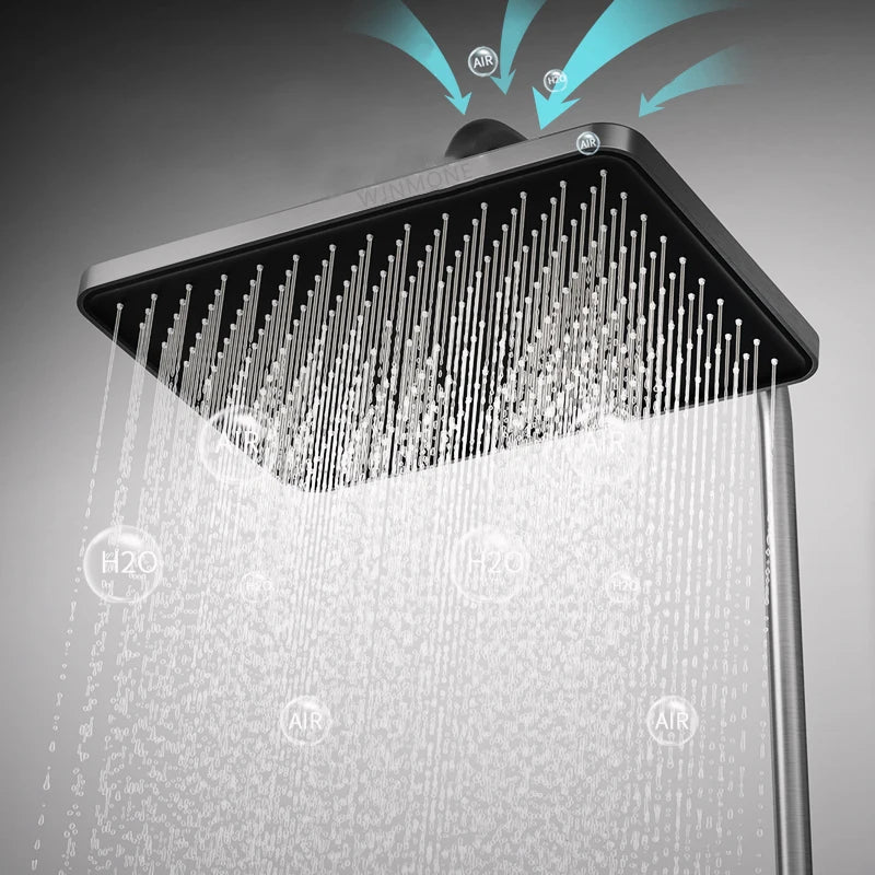 Problems Solved smart bathroom shower system with digital display, rainfall bathtub faucet, mixer, and atmospheric lamp in sleek design.