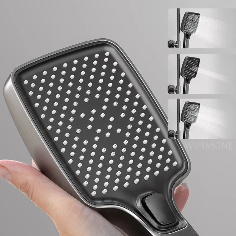 Problems Solved smart bathroom shower system with digital display, rainfall shower, temperature mixer, and atmosphere lamp in bathtub set.