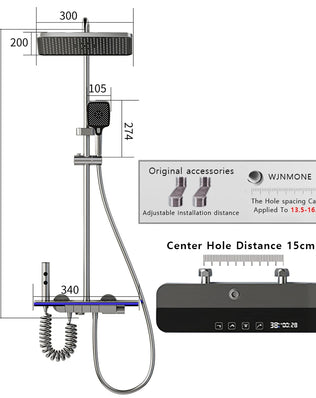 Problems Solved bathroom smart shower system with rainfall showerhead, digital display, temperature mixer, and atmospheric lamp in sleek design.