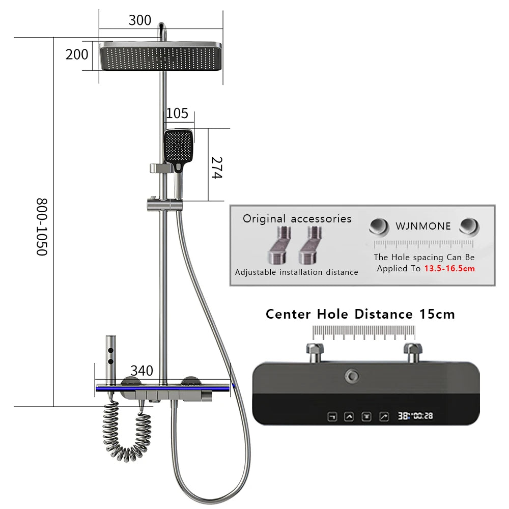 Problems Solved bathroom smart shower system with rainfall showerhead, digital display, temperature mixer, and atmospheric lamp in sleek design.