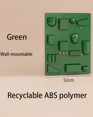 Problems Solved wall holder and organizer for offices, kitchens, bathrooms, or children's rooms with desktop shelf and wall storage rack.