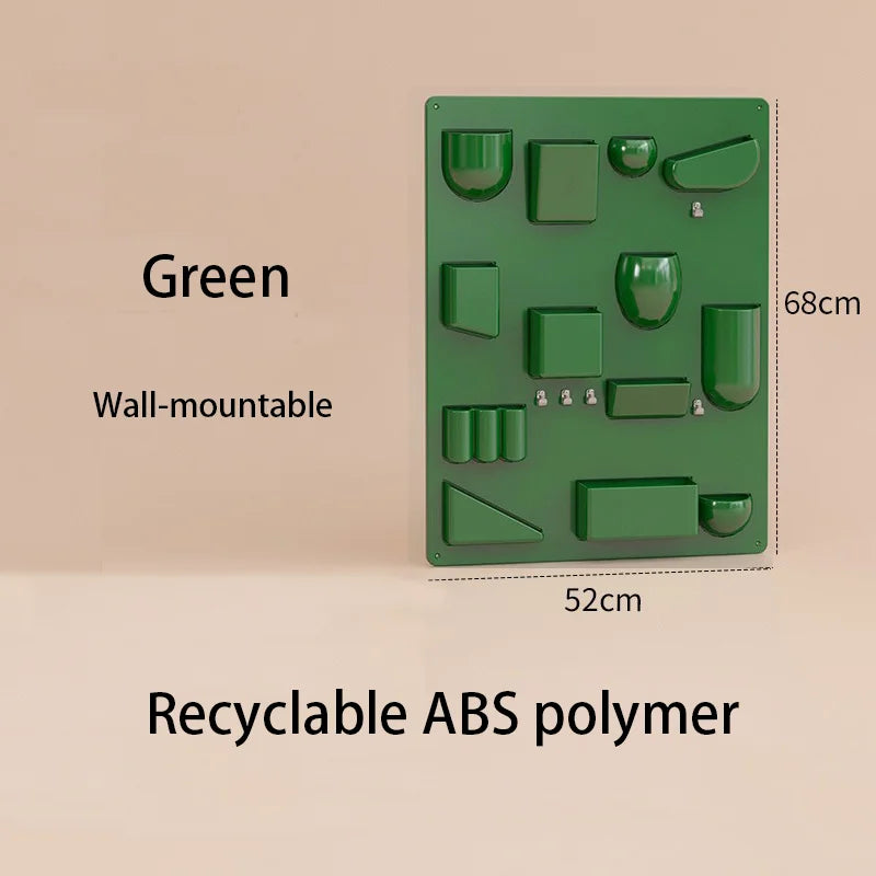 Problems Solved wall holder and organizer for offices, kitchens, bathrooms, or children's rooms with desktop shelf and wall storage rack.