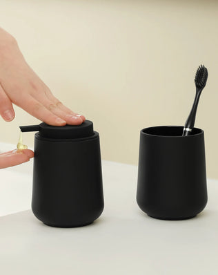 Bathroom Accessory Set - 2-Piece Soap Dispenser and Cup for Bathroom Vanity Decor in Matte Black - Problems Solved