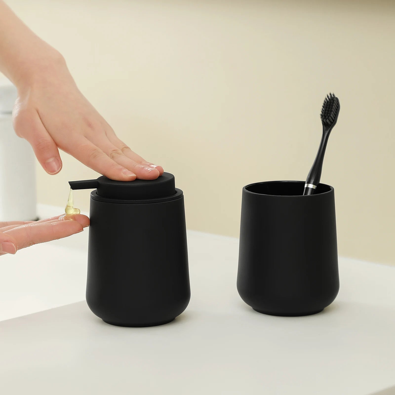 Bathroom Accessory Set - 2-Piece Soap Dispenser and Cup for Bathroom Vanity Decor in Matte Black - Problems Solved