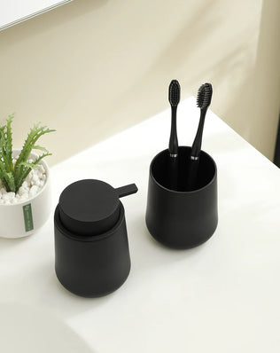 Bathroom Accessory Set - 2-Piece Soap Dispenser and Cup for Bathroom Vanity Decor in Matte Black - Problems Solved