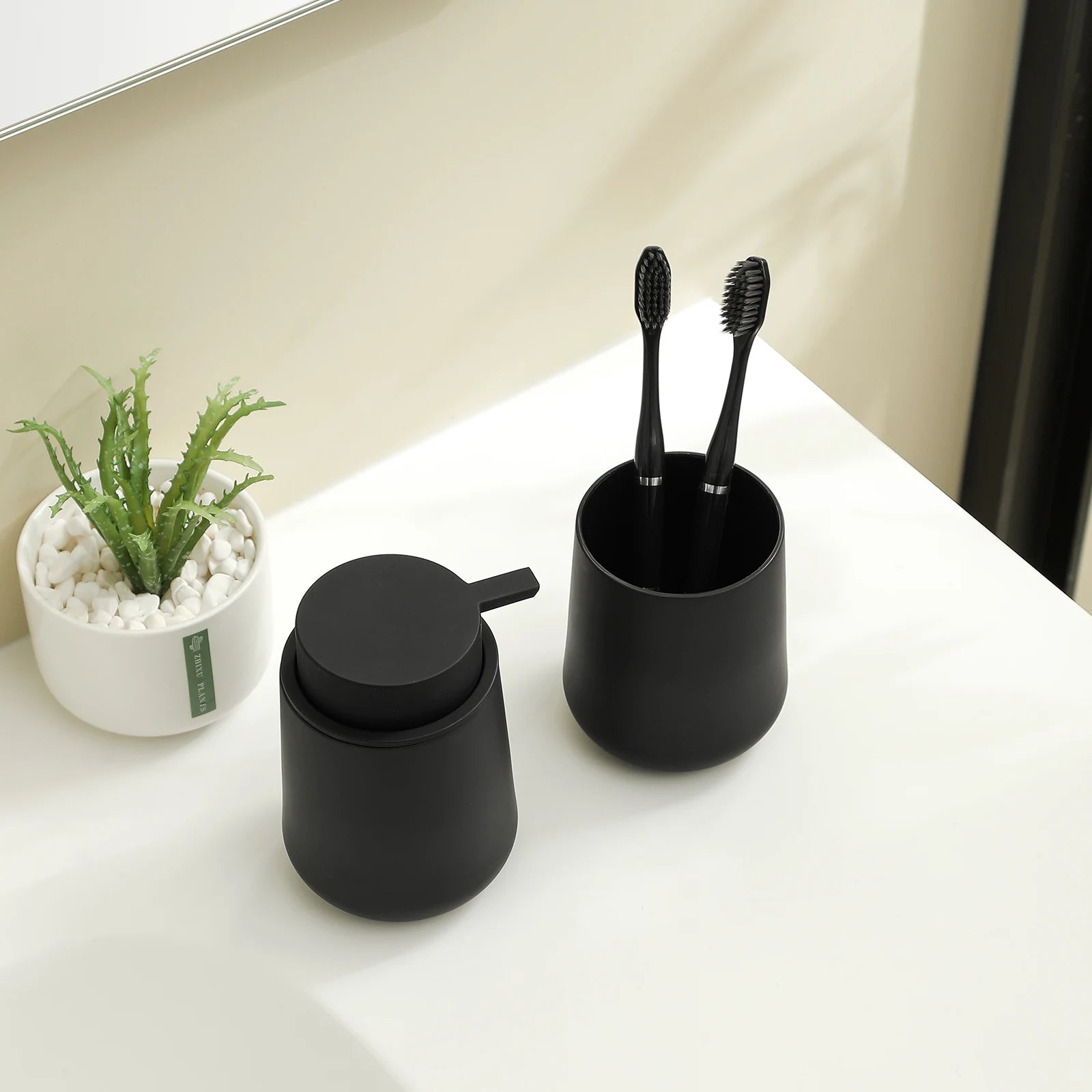 Bathroom Accessory Set - 2-Piece Soap Dispenser and Cup for Bathroom Vanity Decor in Matte Black - Problems Solved