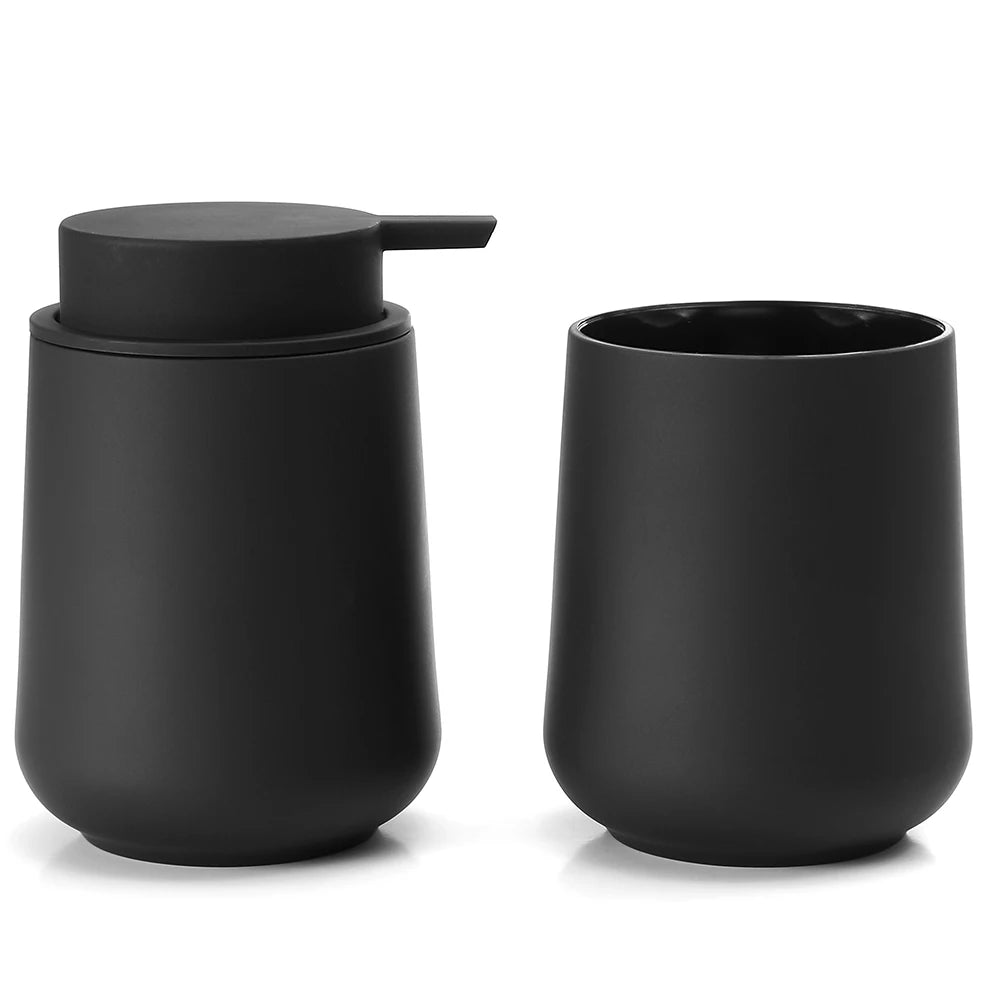 Bathroom Accessory Set - 2-Piece Soap Dispenser and Cup for Bathroom Vanity Decor in Matte Black - Problems Solved