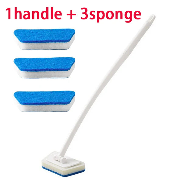 Problems Solved bathroom sponge cleaning brush with long handle, multi-functional tool for easy bathroom and kitchen cleaning.