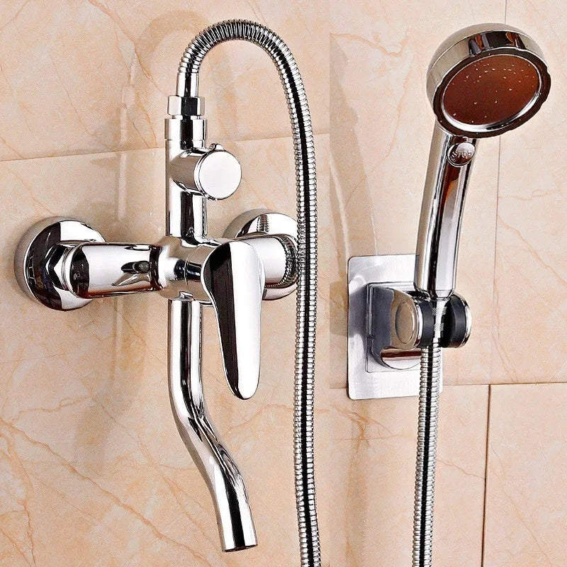 Wall-mounted bathroom mixer tap by Problems Solved with three adjustable modes for hot and cold water, suitable for bathtubs.