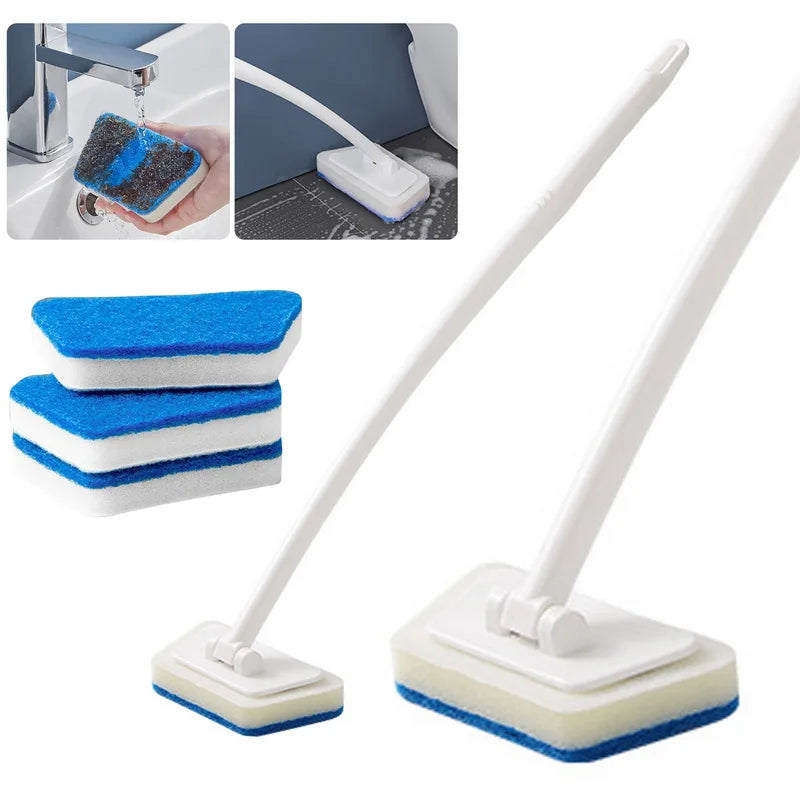 Problems Solved bathroom sponge cleaning brush with long handle, multi-functional cleaning tool for bathroom surfaces.
