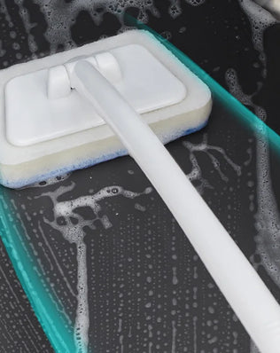 Problems Solved bathroom sponge cleaning brush with long handle, multi-functional tool for easy scrubbing and cleaning.