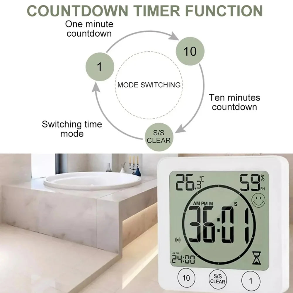 Digital Bathroom Wall Clock Shower Timer Waterproof For Water Spray LCD Screen Watch Temperature Humidity Clock For Shower Room - Problems Solved