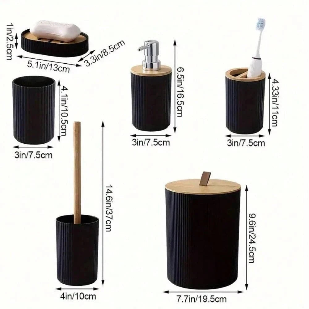 Modern Bathroom Essentials Set/Includes Toothbrush Holder, Waste Bin, Toilet Brush, Cup, Soap Dish and Soap Dispenser - Problems Solved
