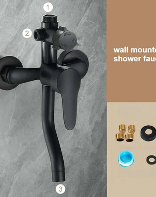 Wall-mounted bathtub faucet by Problems Solved with adjustable hot and cold water mixer and three-shower modes.