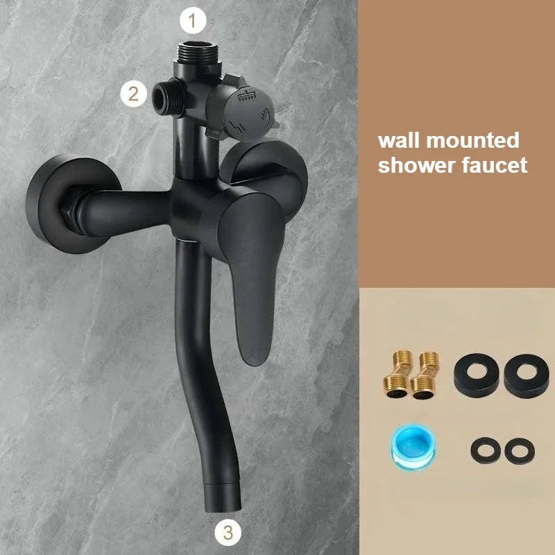 Wall-mounted bathtub faucet by Problems Solved with adjustable hot and cold water mixer and three-shower modes.