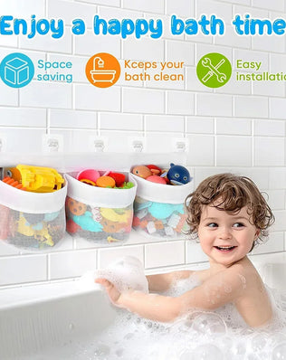 Bathroom Kids Toy Storage Bag - Multi-Compartment Wall Hanging Organizer with Drainage Holes, Large Capacity & Anti-Mold Mesh - Problems Solved