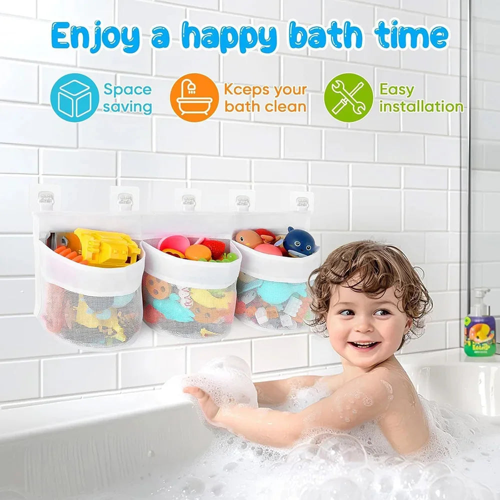 Bathroom Kids Toy Storage Bag - Multi-Compartment Wall Hanging Organizer with Drainage Holes, Large Capacity & Anti-Mold Mesh - Problems Solved