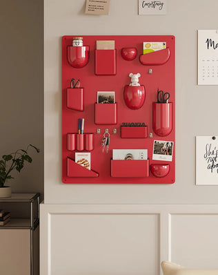 Problems Solved wall organizer with desktop shelf for offices, kitchens, bathrooms, workshops, and children's rooms.
