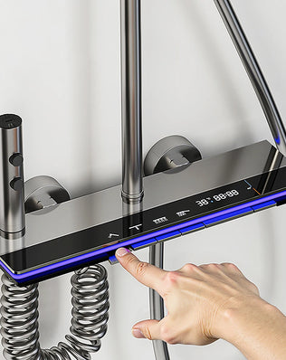 Problems Solved smart bathroom shower system set with rainfall showerhead, digital display, temperature mixer, and atmosphere lamp.