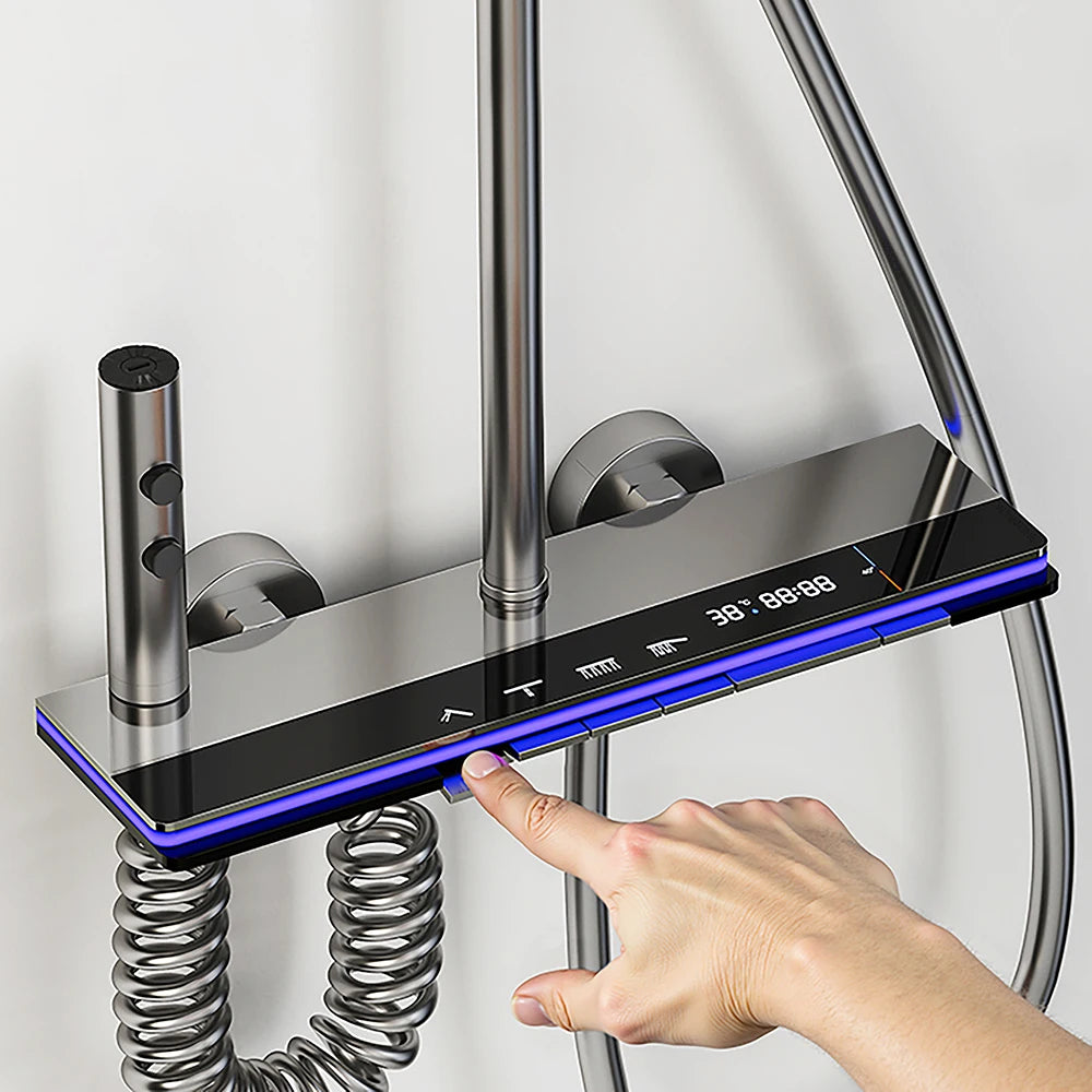 Problems Solved smart bathroom shower system set with rainfall showerhead, digital display, temperature mixer, and atmosphere lamp.