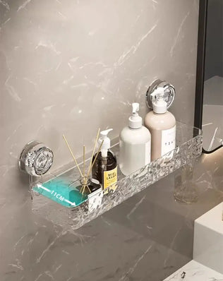 Bathroom storage rack with large suction cups by Problems Solved, wall-mounted shower gel and cosmetics hanging basket.