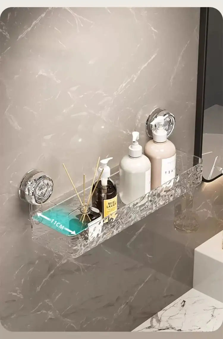 Bathroom storage rack with large suction cups by Problems Solved, wall-mounted shower gel and cosmetics hanging basket.