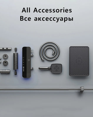 Problems Solved smart bathroom shower system set with rainfall showerhead, digital temperature display, mixer, and atmosphere lamp.