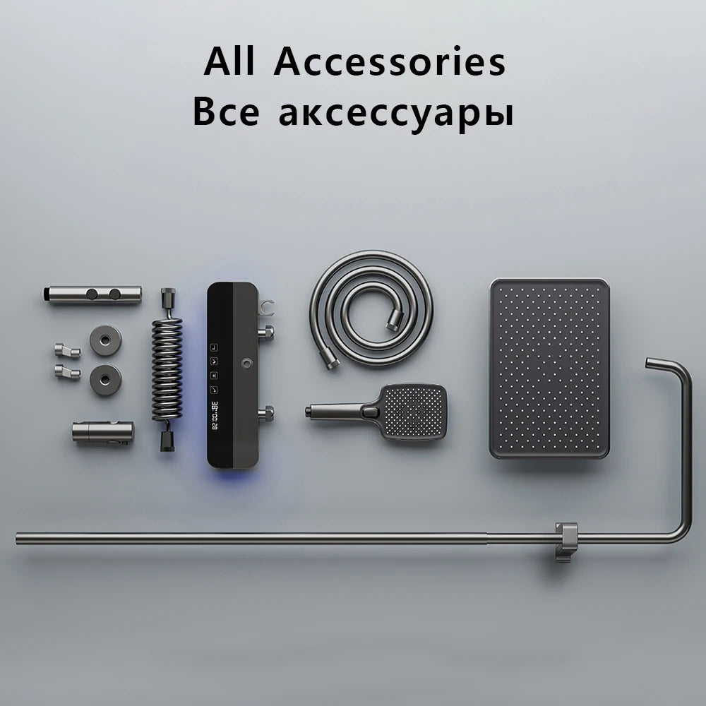 Problems Solved smart bathroom shower system set with rainfall showerhead, digital temperature display, mixer, and atmosphere lamp.