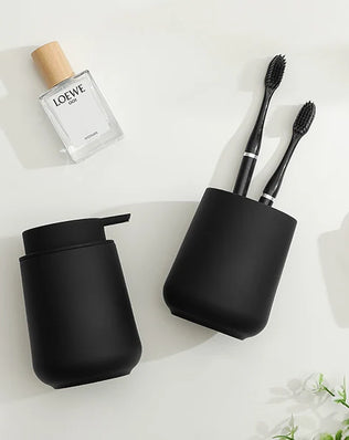 Bathroom Accessory Set - 2-Piece Soap Dispenser and Cup for Bathroom Vanity Decor in Matte Black - Problems Solved